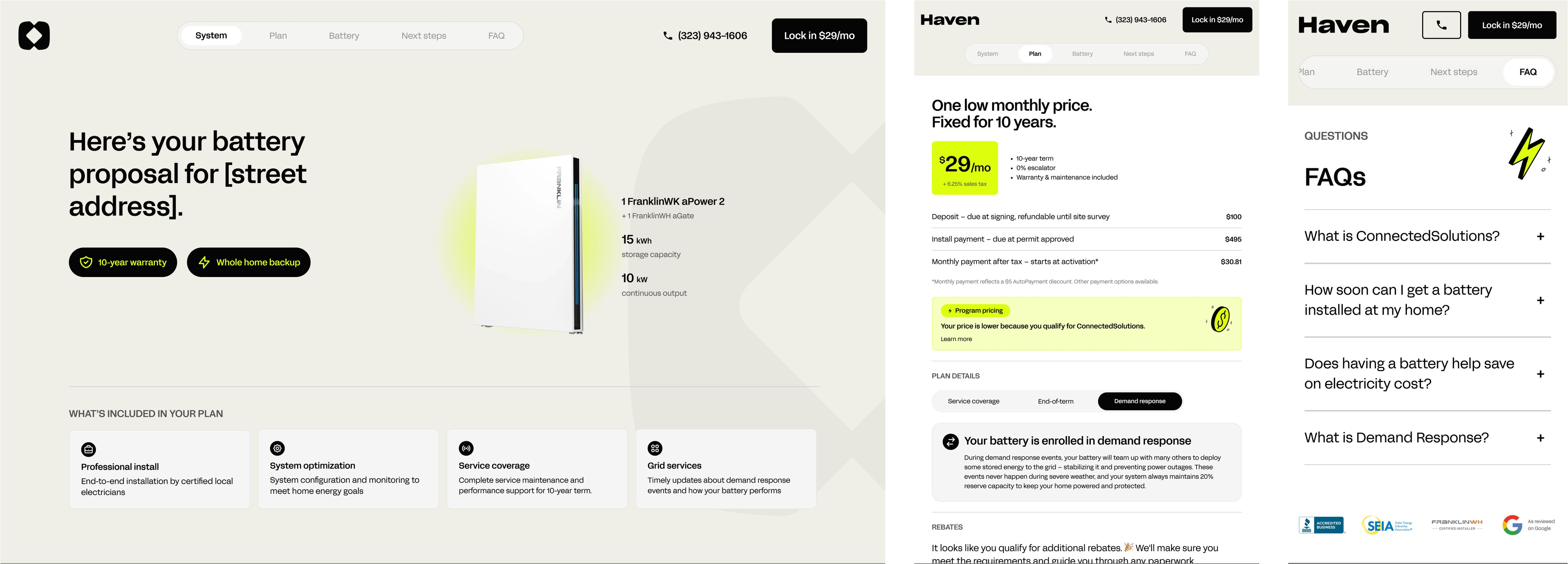 The proposal at three breakpoints side by side: the desktop hero, Here's your battery proposal, with the FranklinWH aPower 2 and what's included in the plan; the tablet scrolled to the $29 a month plan with its payment schedule and program pricing note; and the phone scrolled to the FAQs, each under the same sticky header and section tabs