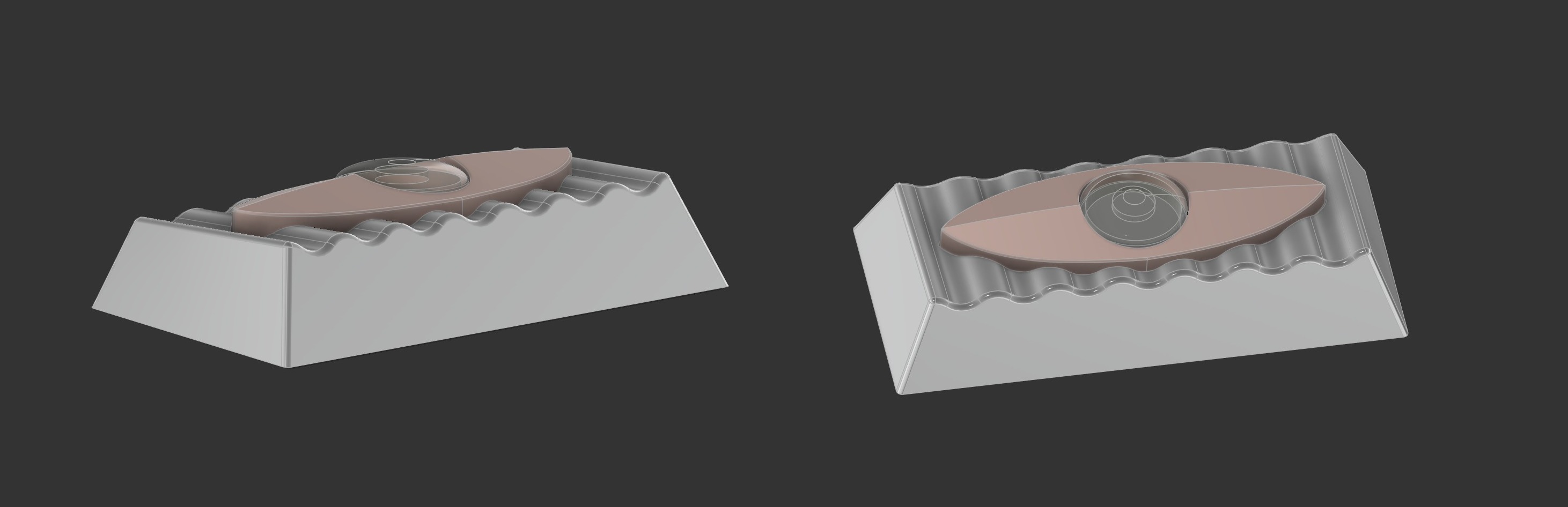 Salvun's CAD model of the Enter artisan from two angles: low from the side, and from above at three-quarters. A grey keycap body with wave-like ribs along its top edges wraps a pink almond-shaped eye, with a clear domed centre of layered rings set into it