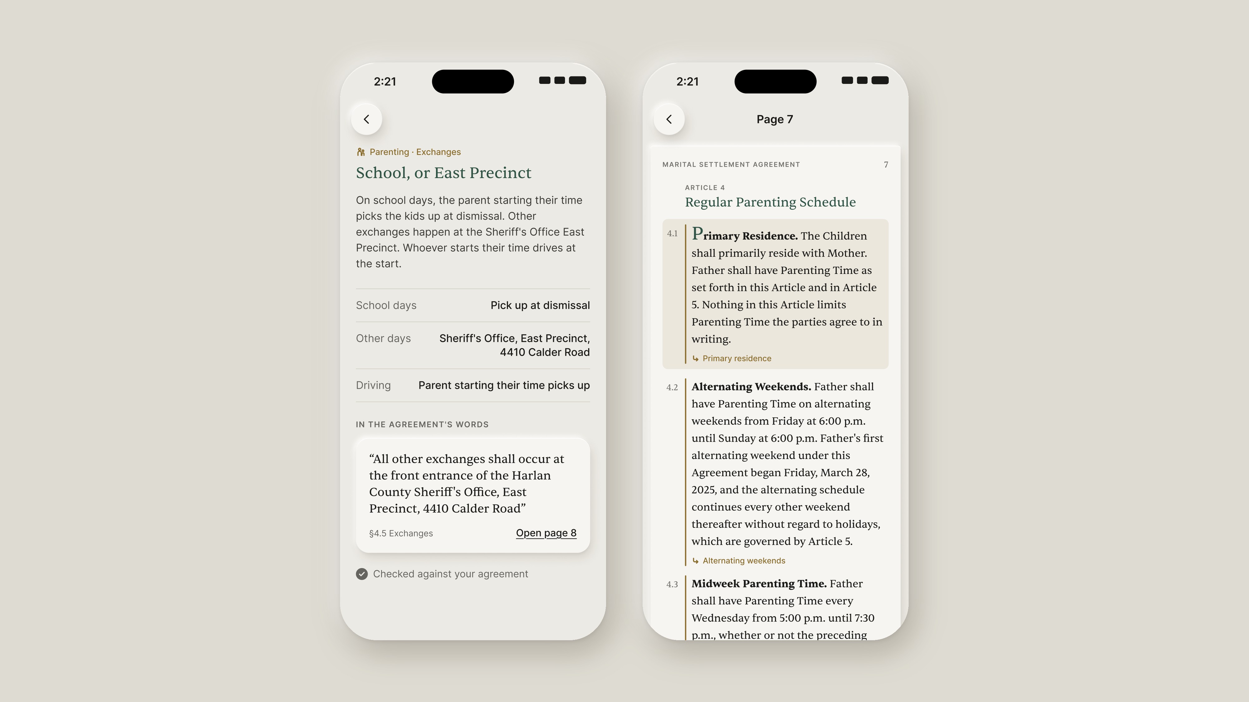 Two Plainly screens: a rule card for exchanges on school days with the agreement's exact wording quoted beneath, and page 7 of the agreement with the cited paragraphs highlighted