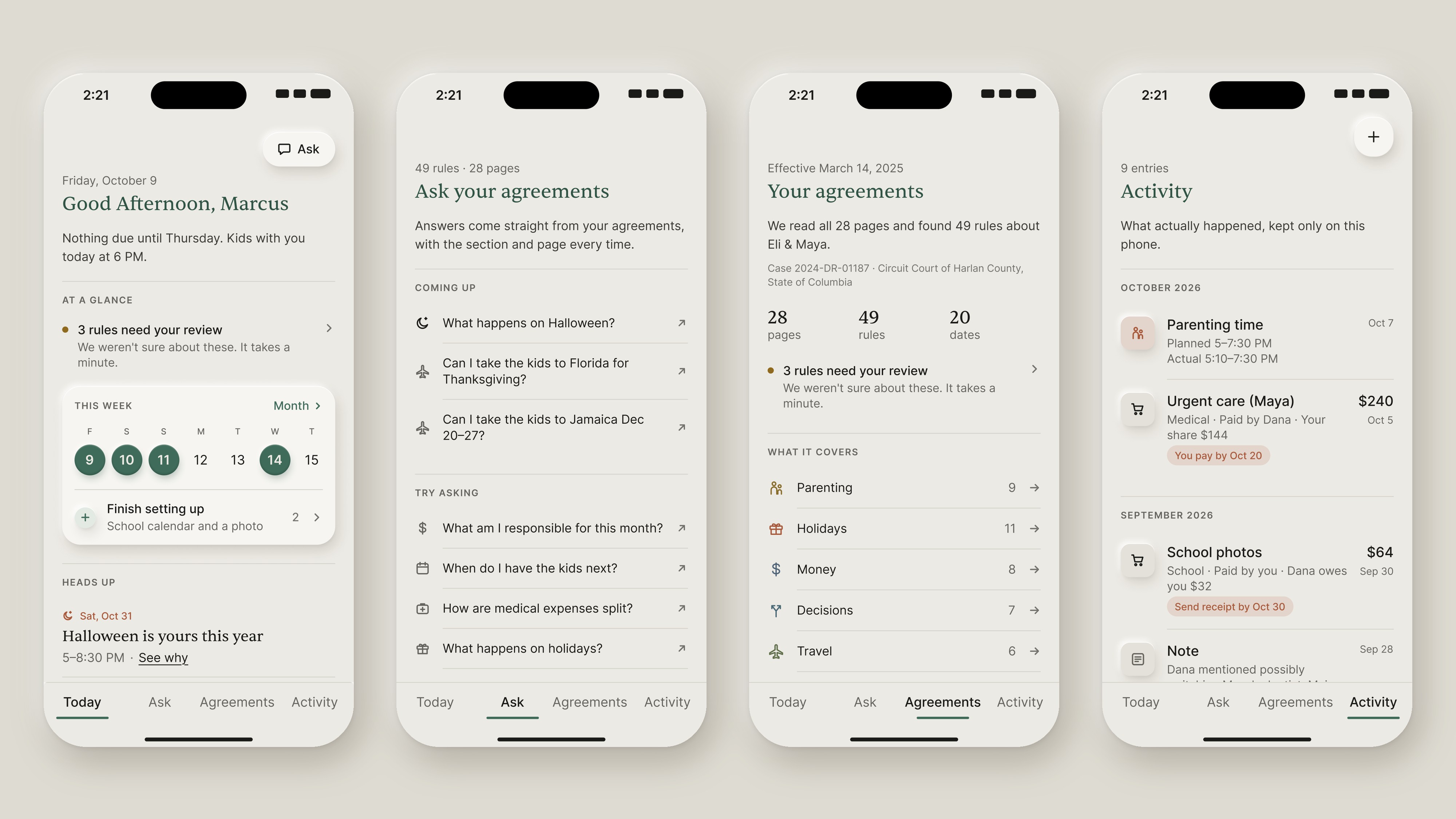 Four Plainly screens: Today with the week's parenting days and upcoming holidays, Ask with suggested questions, Agreements showing 49 rules found across 28 pages, and Activity with logged payments and parenting time