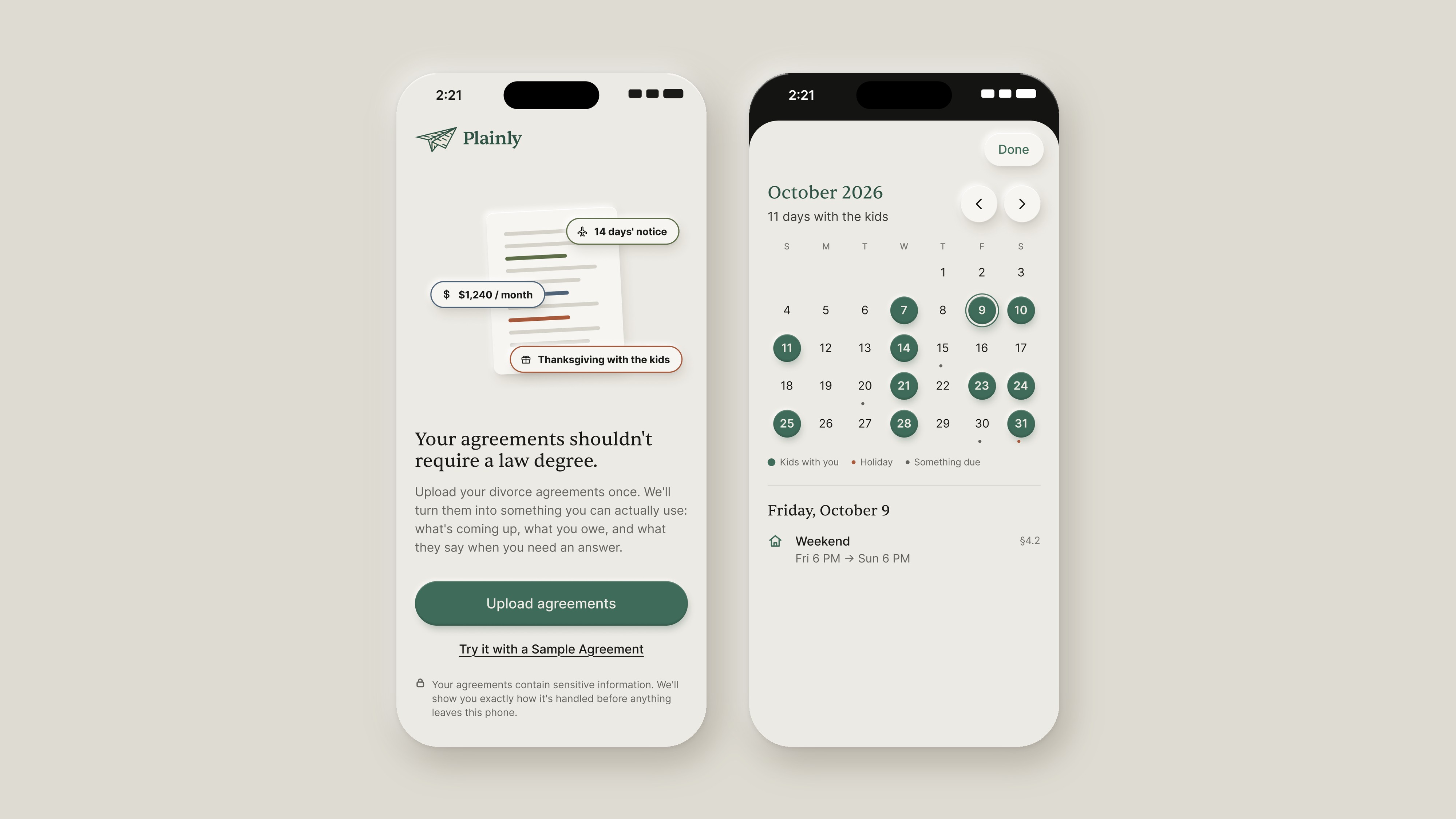 Plainly's Welcome screen, "Your agreements shouldn't require a law degree.", with its agreement illustration and Upload agreements button, beside the October month view marking the days with the kids