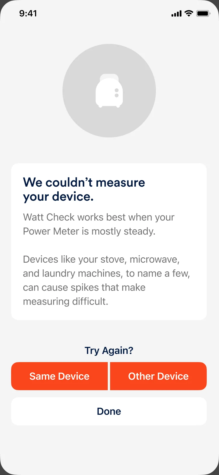 A known device: We couldn’t measure your device, with Try again options