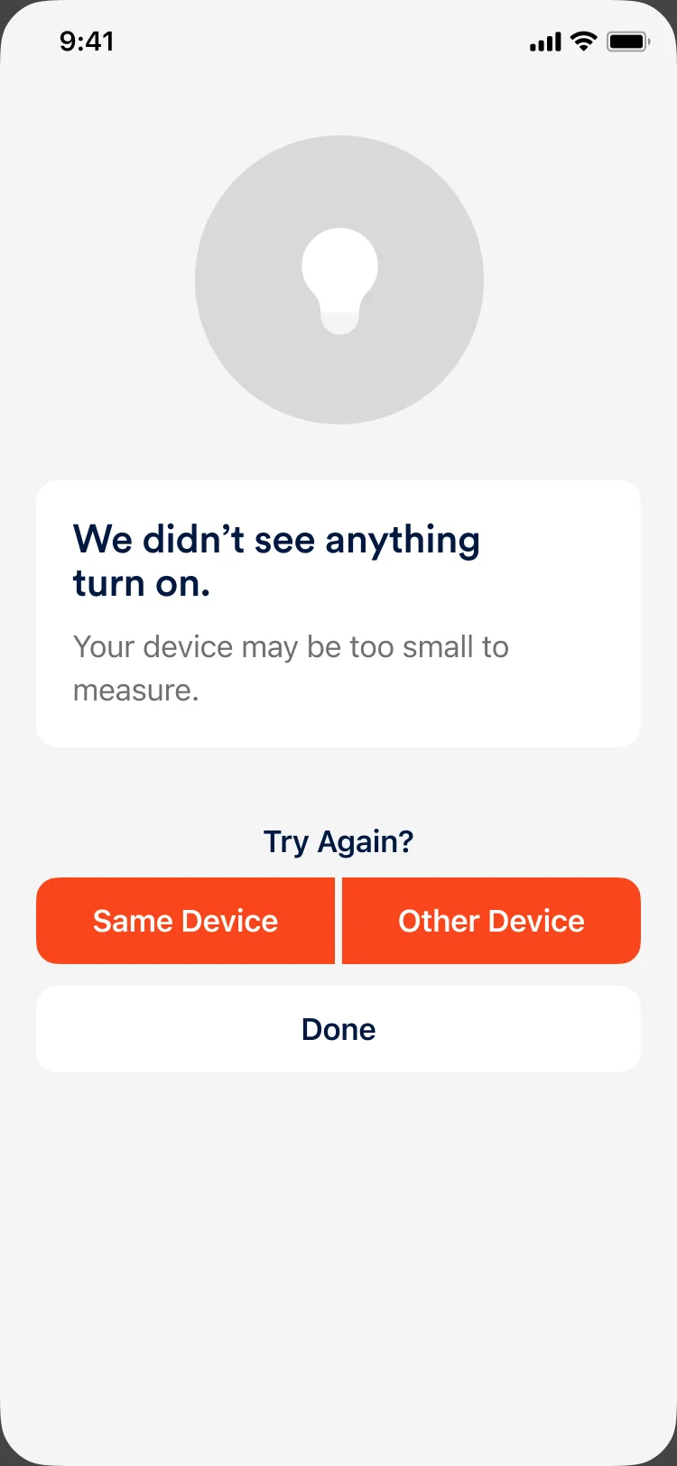 A known device: We didn’t see anything turn on, with Try again options