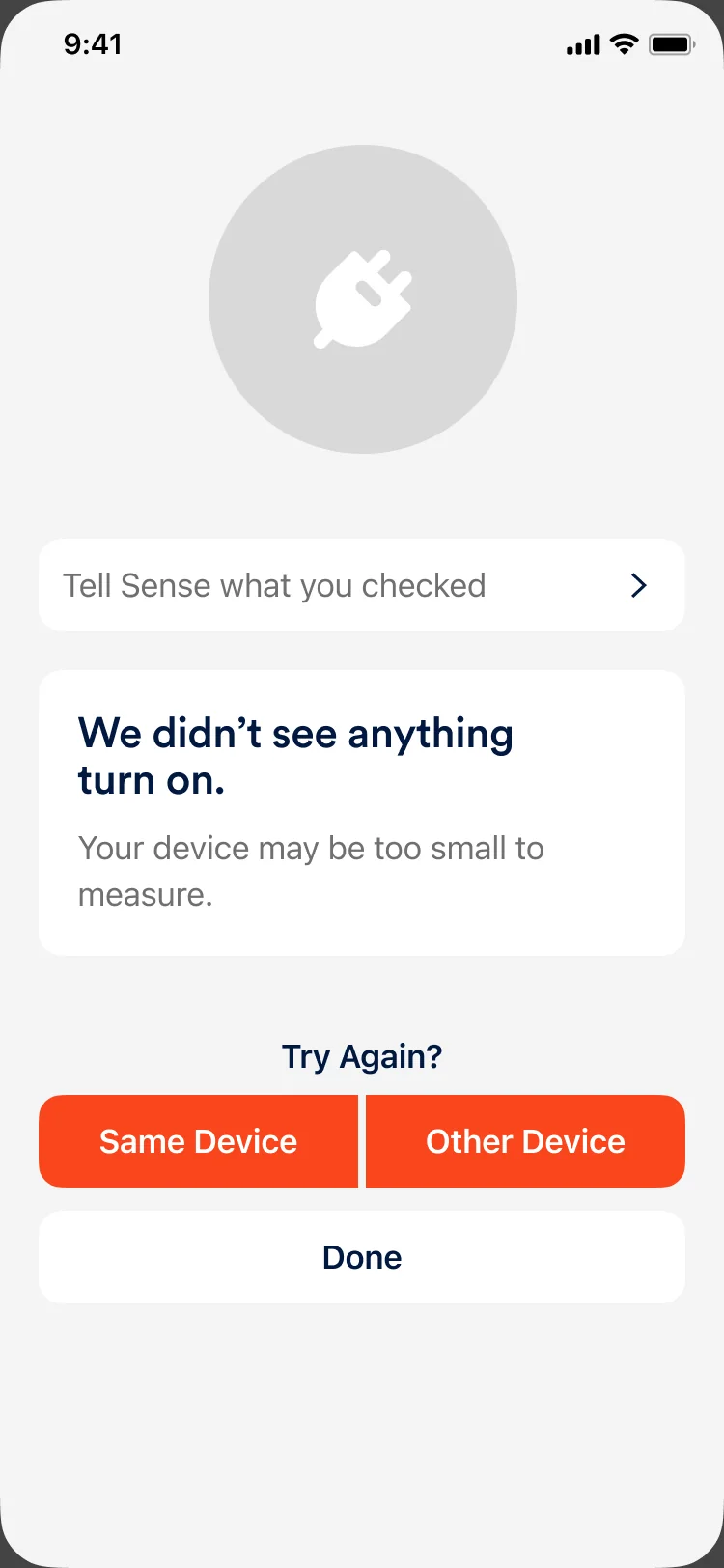 Something Else: We didn’t see anything turn on, with Try again for the same device or another device