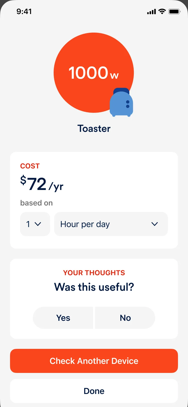A recognized toaster at 1,000 watts, $72 a year