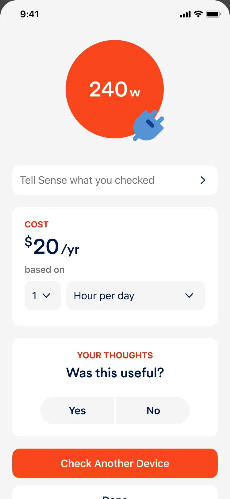 Something Else: 240 watts with a cost estimate of $20 a year, a usefulness question and Check Another Device