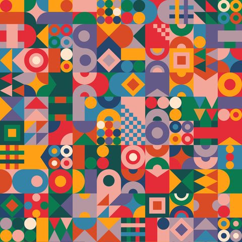 The full Abstract pattern: a dense grid of circles, triangles, arches, crosses and half-moons in the set's accent colours