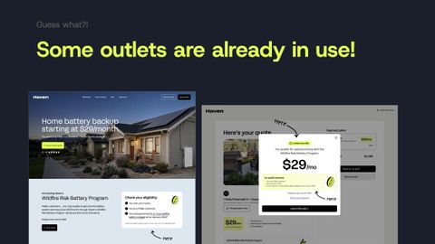 Slide titled "Some outlets are already in use!" showing a live Haven landing page and a quote page with a $29 a month offer built from the system's components