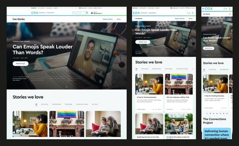 The Cox Stories landing page at three breakpoints side by side: the Can Emojis Speak Louder Than Words hero, the Stories we love card grid and The Connections Project module, reflowing from desktop to tablet to phone