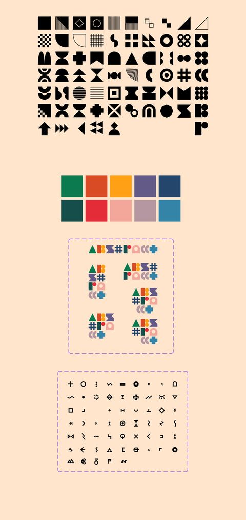 The set's building blocks on peach: a grid of black geometric shapes, ten colour swatches, colour versions of the logo, and a sheet of small sub-legend symbols