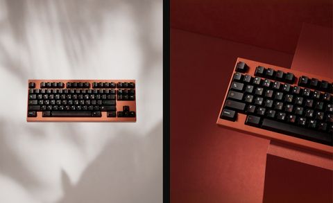 Two 3D-rendered lifestyle shots of the Tribal keyboard in soft daylight and against a red backdrop