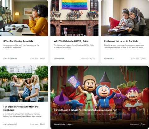 The Cox Stories card system on desktop: rows of three and two cards with photo, category, headline, summary, read time and like count, including a featured card for an animated film