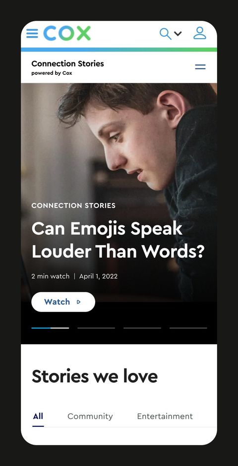 The mobile prototype used in testing: the Connection Stories landing page with the Can Emojis Speak Louder Than Words hero and the Stories we love section