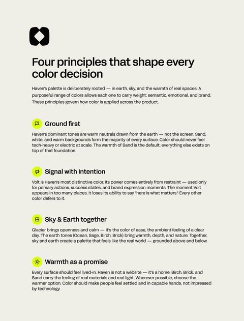 Four principles that shape every color decision: Ground first, Signal with intention, Sky and Earth together, and Warmth as a promise, each with a short explanation