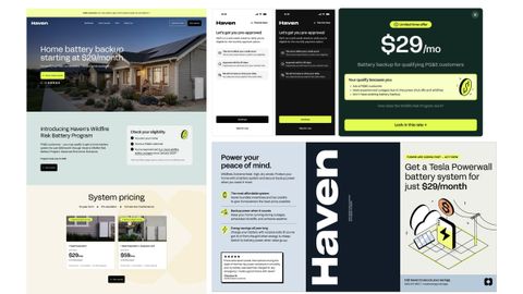A collage of Haven surfaces in different styles: the marketing site, app onboarding screens in light and dark, a limited-time offer card, a printed mailer and a Powerwall ad
