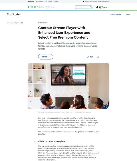 A Cox News page on desktop: the headline Contour Stream Player with Enhanced User Experience and Select Free Premium Content, a summary, a share bar and an inline photo
