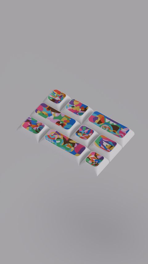Isometric render of colorful abstract keycaps arranged in a grid, floating against a gray background