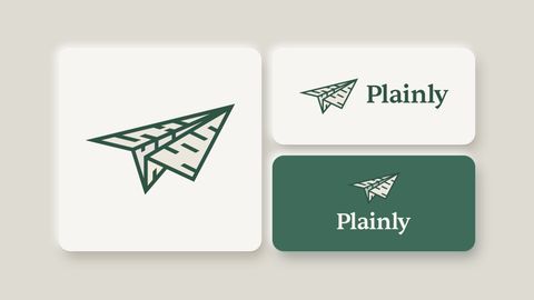 The Plainly logo on three raised cards: the paper-airplane mark on its own, folded from a lined agreement; the horizontal lockup with the Plainly wordmark; and the stacked lockup in light on sage