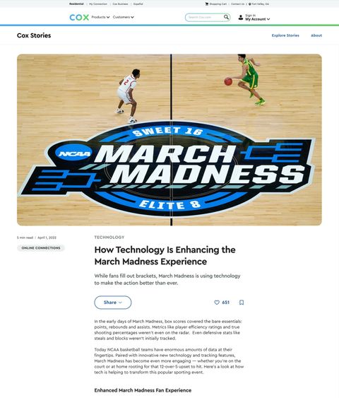 A Cox Stories story page on desktop: a March Madness hero image, the headline How Technology Is Enhancing the March Madness Experience, a share bar and the start of the article