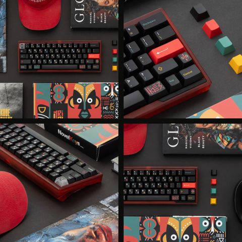 Four product photos of a red GMK Tribal board styled with a cap, a book on Black beauty, and mask keycap closeups