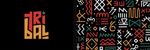 Tribal wordmark logo beside a tile of the full glyph and pattern language used across the set