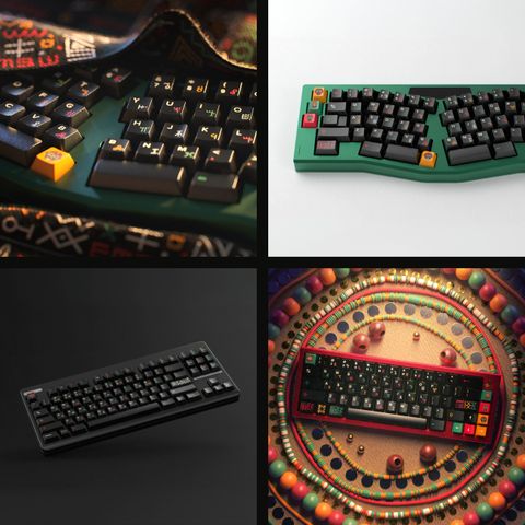 Four 3D renders of the Tribal set across an Alice-style split, a green TKL, a black board, and a beadwork-inspired closeup