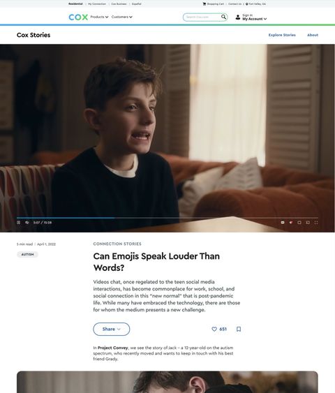 An evergreen page on desktop: a full-width video player above the headline Can Emojis Speak Louder Than Words, with the article beginning beneath