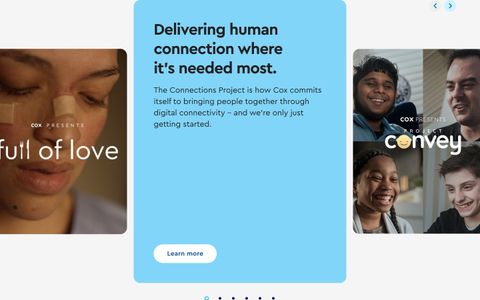A featured-content carousel slide: Delivering human connection where it's needed most, The Connections Project, with a Learn more button between portraits from Cox Presents films