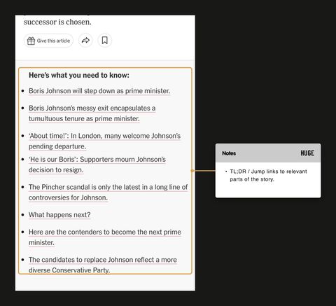 A New York Times live-updates article on a phone with its Here's what you need to know list of jump links highlighted, and a note reading TL;DR: jump links to the relevant parts of the story