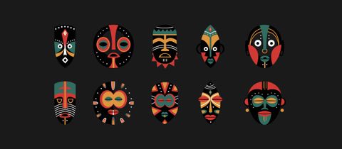Ten African mask illustrations in coral, teal, mustard, and black, part of the Tribal visual language