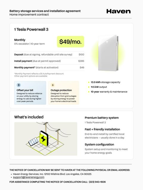 Page one of the document proposal under a Battery storage services and installation agreement heading: 1 Tesla Powerwall 3 at $49 a month with its payment schedule, cards for offsetting your bill and outage protection, the battery's specs, what's included, and a notice of cancellation in the footer