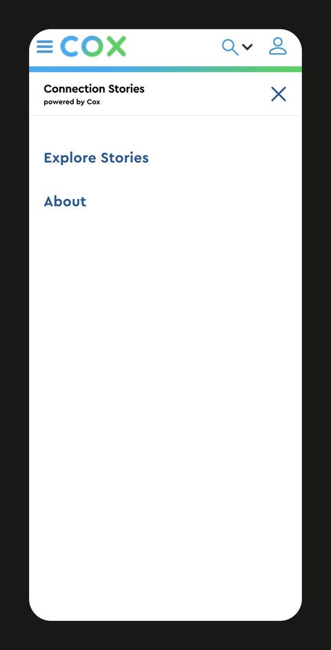 The mobile prototype's open menu, with Explore Stories and About