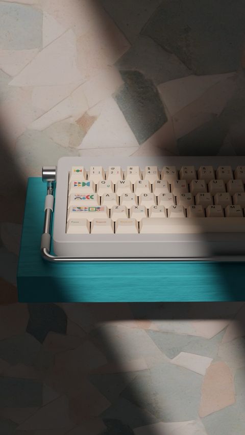 3D-rendered keyboard on a turquoise wood shelf, lit by dramatic window-shadow patterns