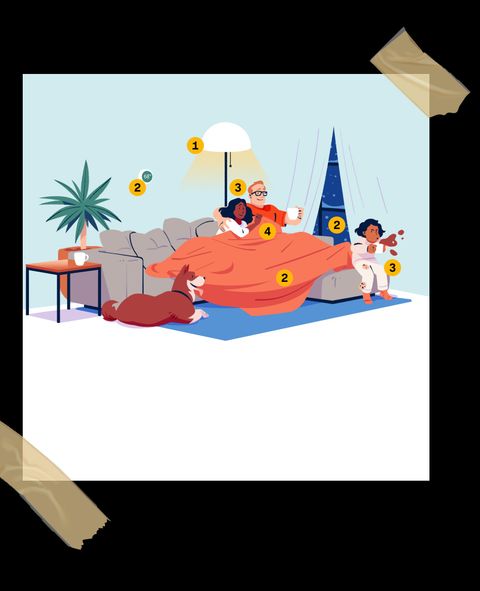 The final winter illustration taped to the page, with numbered markers on the lamp, the blanket, the family, the window and the composition