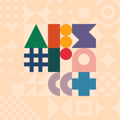 The Abstract logo, its letters built from geometric shapes in green, orange, purple, navy, pink and blue, on a pale peach pattern of tone-on-tone shapes