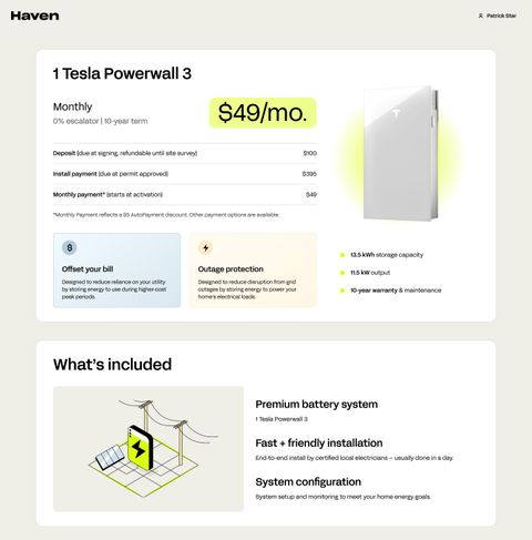 The first web version of the proposal: the same price card for 1 Tesla Powerwall 3 at $49 a month and the What's included card, stacked on a beige page under the Haven header