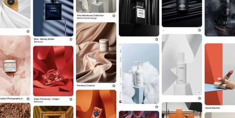 Pinterest moodboard of product photography including perfume bottles and fabric still lifes