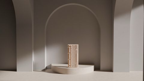 A sunlit white arch with the keyboard standing upright on a stone plinth