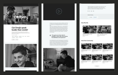 A greyscale story page wireframe in three columns: a Cox Presents Convey video hero, the headline Can Emojis Speak Louder Than Words, photos, a video player, a pull quote, products in this story, More like this and More from Community card rows