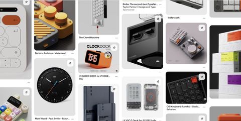 Pinterest moodboard of minimal physical products like keyboards, clocks, and notebooks