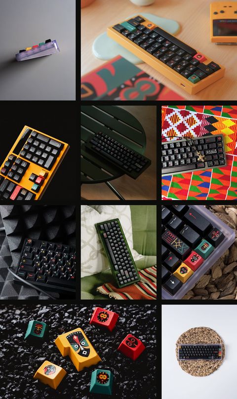 Eleven community-submitted photos of the GMK Tribal set styled in different desk setups, including a solo artisan cap, a yellow keyboard beside a handheld game console, a split ergo build, an outdoor shot on kente cloth, and individual mask keycaps