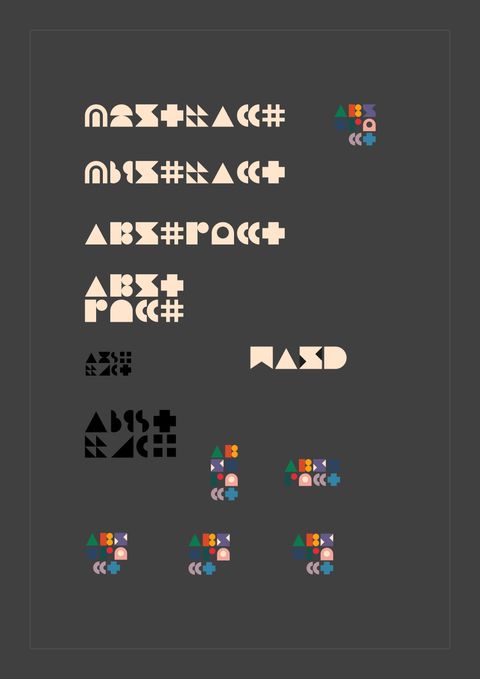 Logo explorations on dark grey: the word Abstract spelled in different geometric letterforms, stacked and single-line versions, a WASD wordmark, and small colour versions of the stacked logo