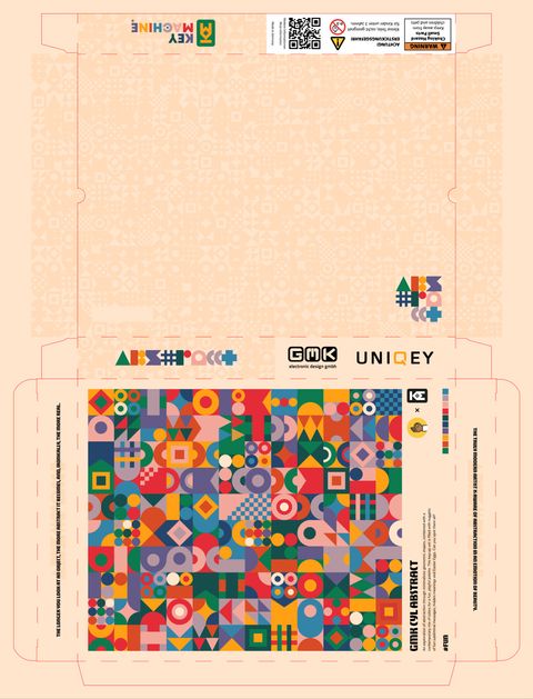The Abstract box dieline on peach: a tone-on-tone pattern lid with the small logo, side panels with the Key Machine, GMK and UNIQEY marks, and the full colour pattern on the base beside the GMK CYL Abstract title