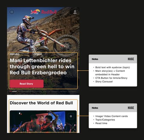 Red Bull's site on a phone with its hero and content cards highlighted, and notes reading Bold headline with a topic eyebrow, the main story in the header, and a call-to-action button, and Image and video content cards with topics and read time