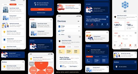 A board of early explorations: an Actions screen with Active, Available and Completed tabs, tip cards on the dashboard and device screens, dark-mode action banners, a usage-bubble screen with a tip pinned on top, and a social-proof sheet reading 182 users are doing this